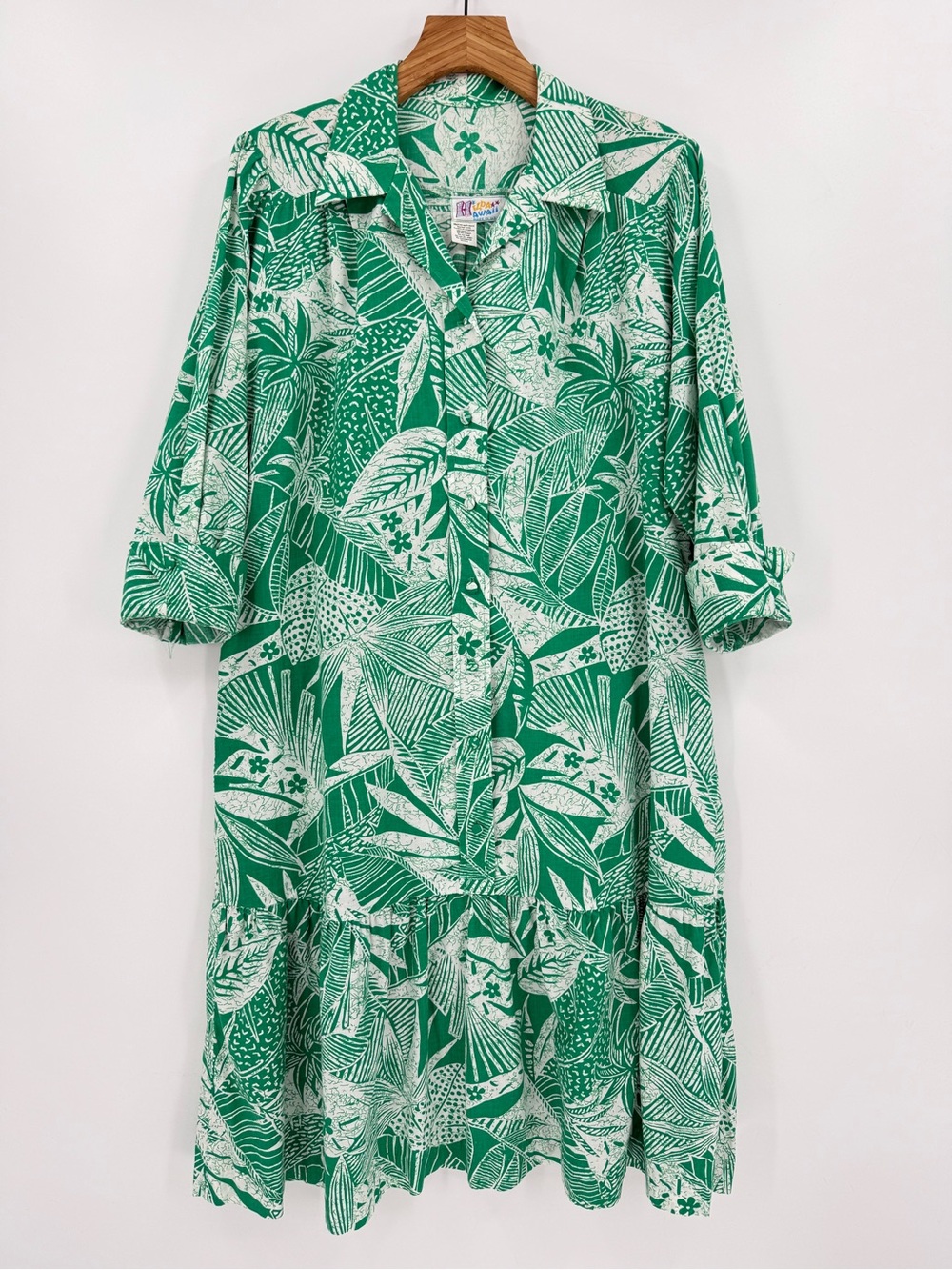 Hilda Hawaii Relaxed Tropical Green Print Collared Midi Dress L/XL See Meas.
